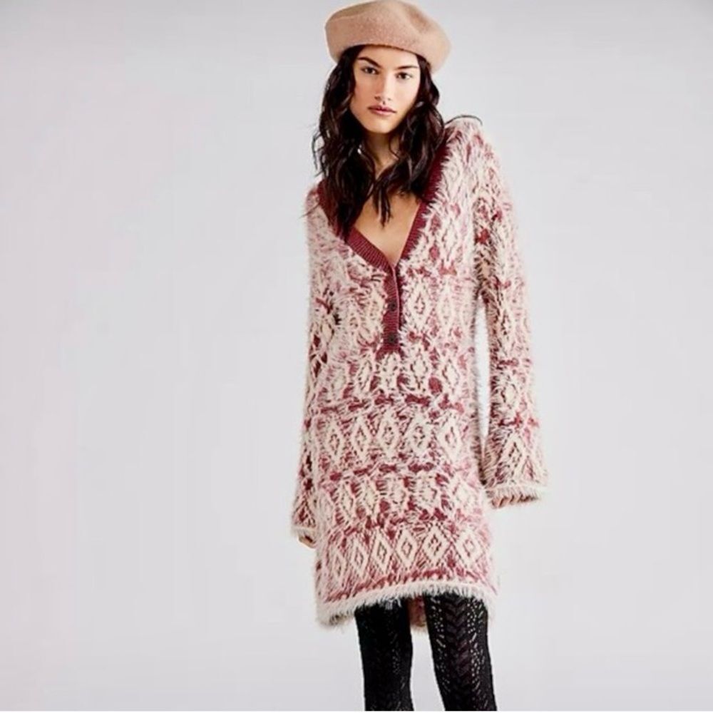 NEW Free People Fuzzy Feelings Dress Knit Mohair Style Cream Mulberry Red Size M